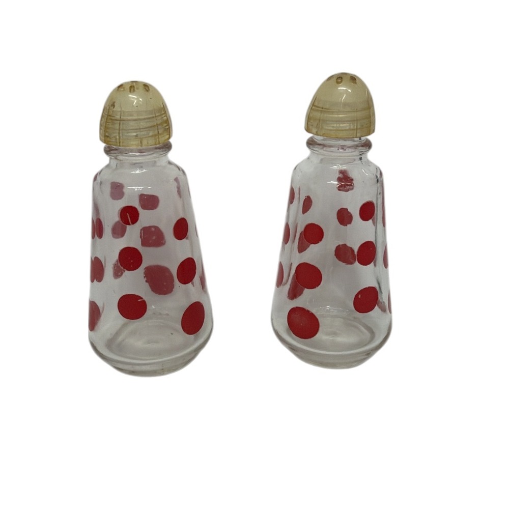 Anchor Hocking Red Polka Dot Salt and Pepper Shakers Clear Glass EUC